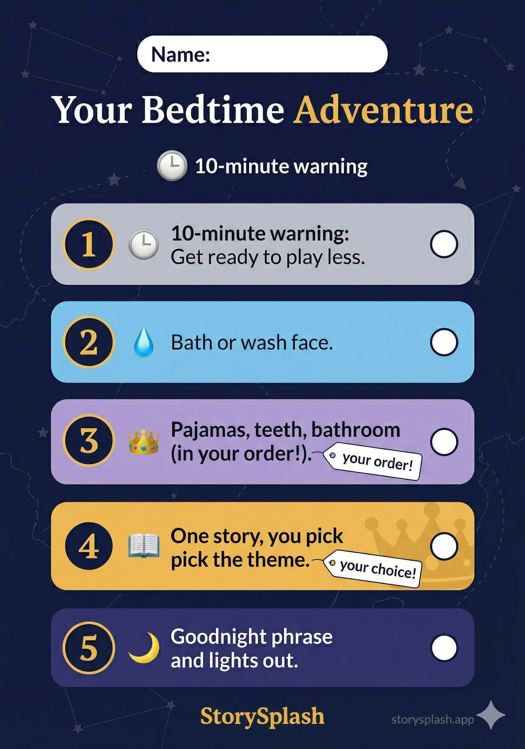 Bedtime routine for 6-year-olds — 5 steps with built-in choices